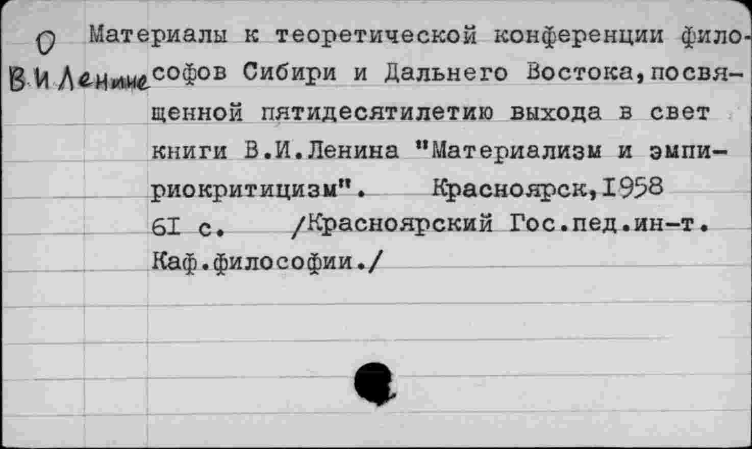 ﻿ф Материалы к теоретической конференции фило. В й Ай-Иии«.соФов Сибири и Дальнего Востока, посвященной пятидесятилетию выхода в свет книги В.И.Ленина “Материализм и эмпириокритицизм”	Красноярск,I958
61 с. /Красноярский Гос.пед.ин-т. Каф.философии./